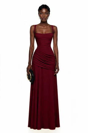 Sanne Red Square Neck Ruched Maxi Dress