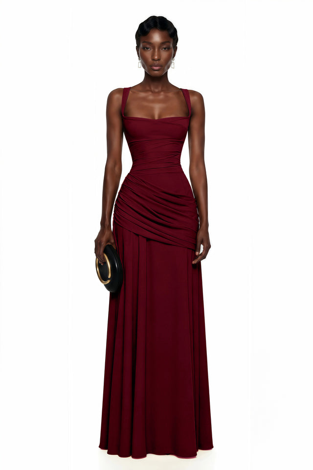 Sanne Red Square Neck Ruched Maxi Dress