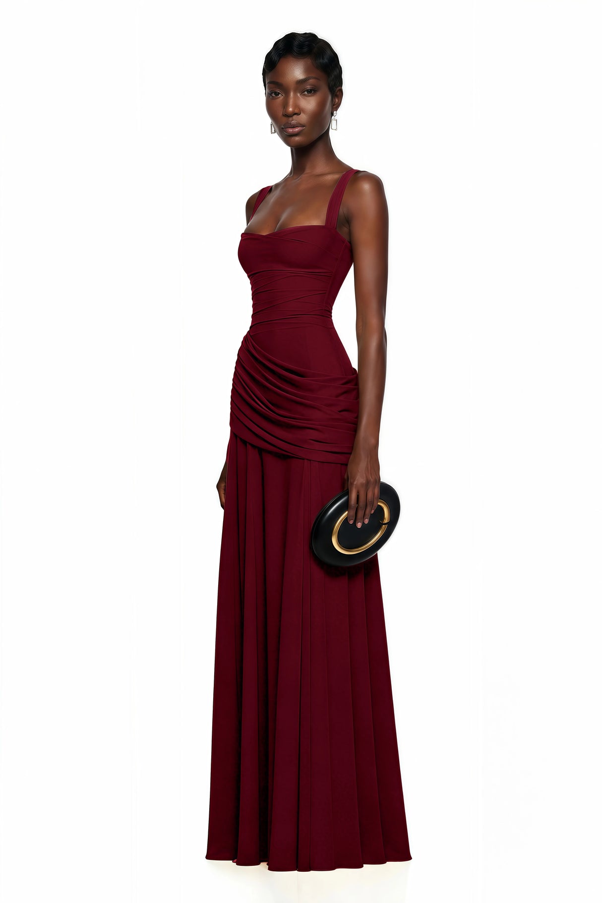 Sanne Red Square Neck Ruched Maxi Dress