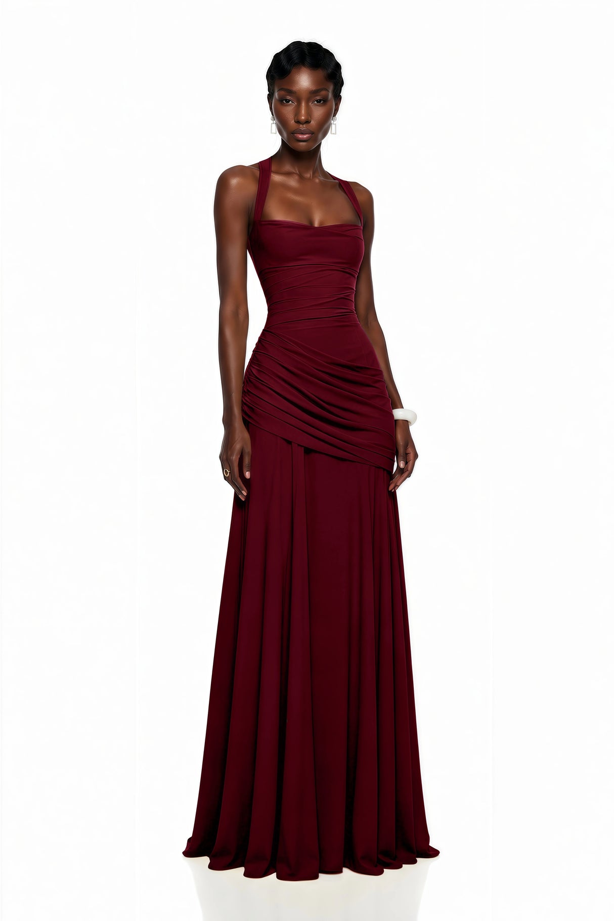 Sanne Red Square Neck Ruched Maxi Dress