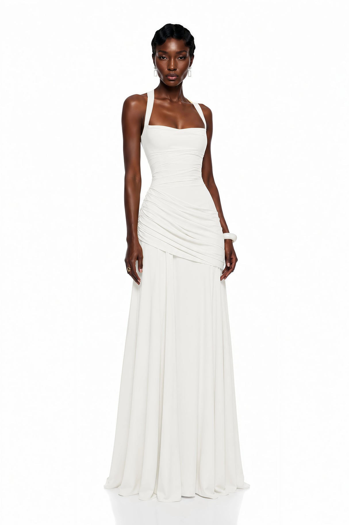 Sanne White Square Neck Ruched Maxi Dress