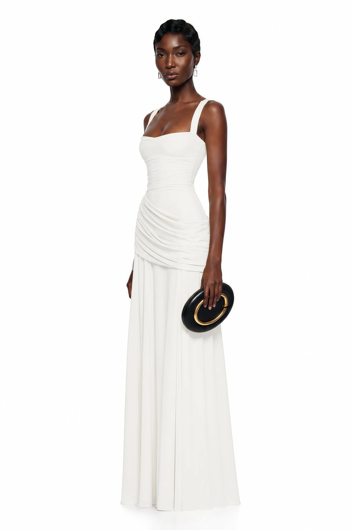 Sanne White Square Neck Ruched Maxi Dress