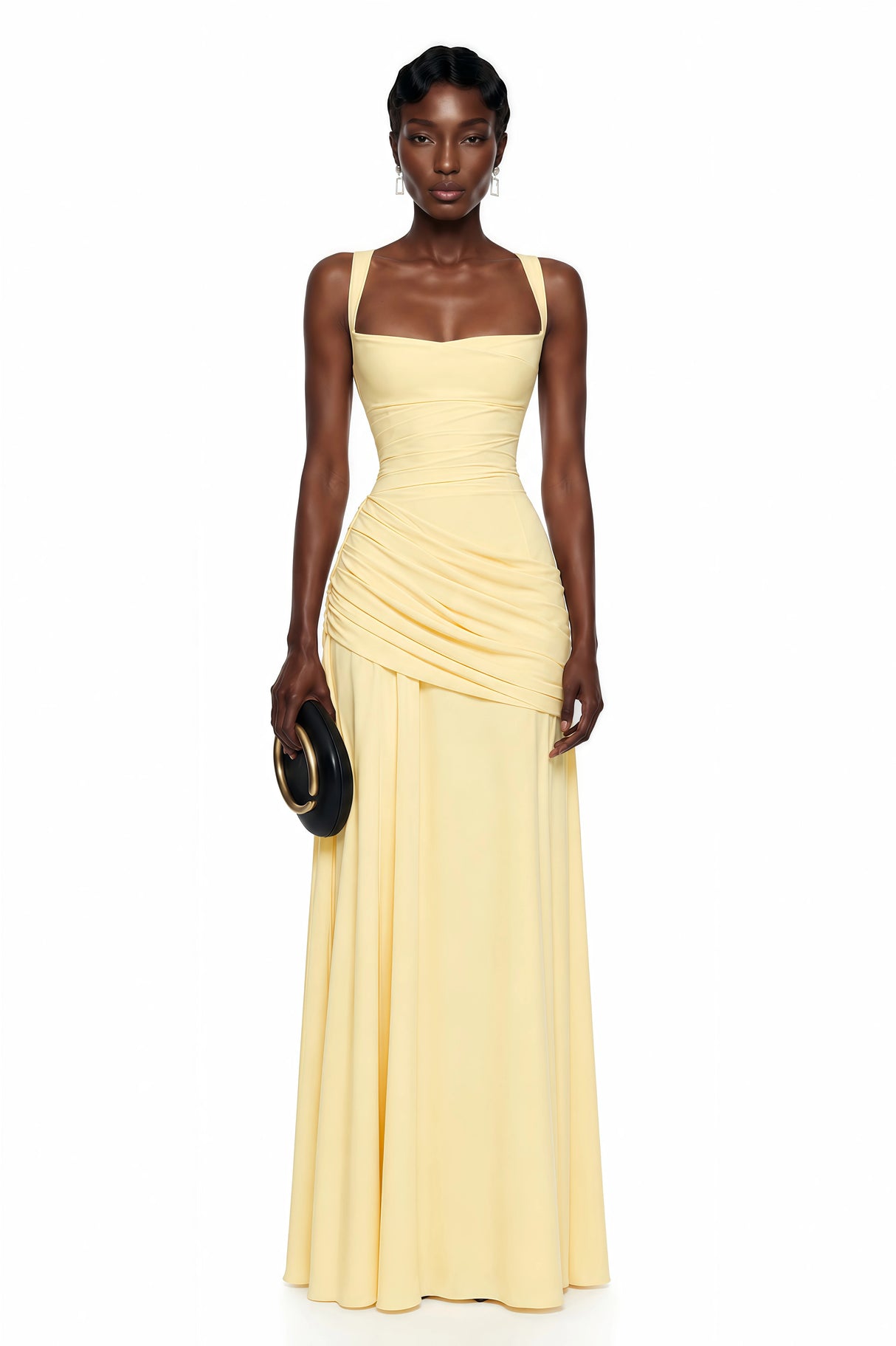 Sanne Yellow Square Neck Ruched Maxi Dress