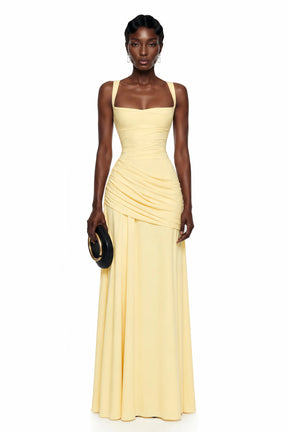 Sanne Yellow Square Neck Ruched Maxi Dress