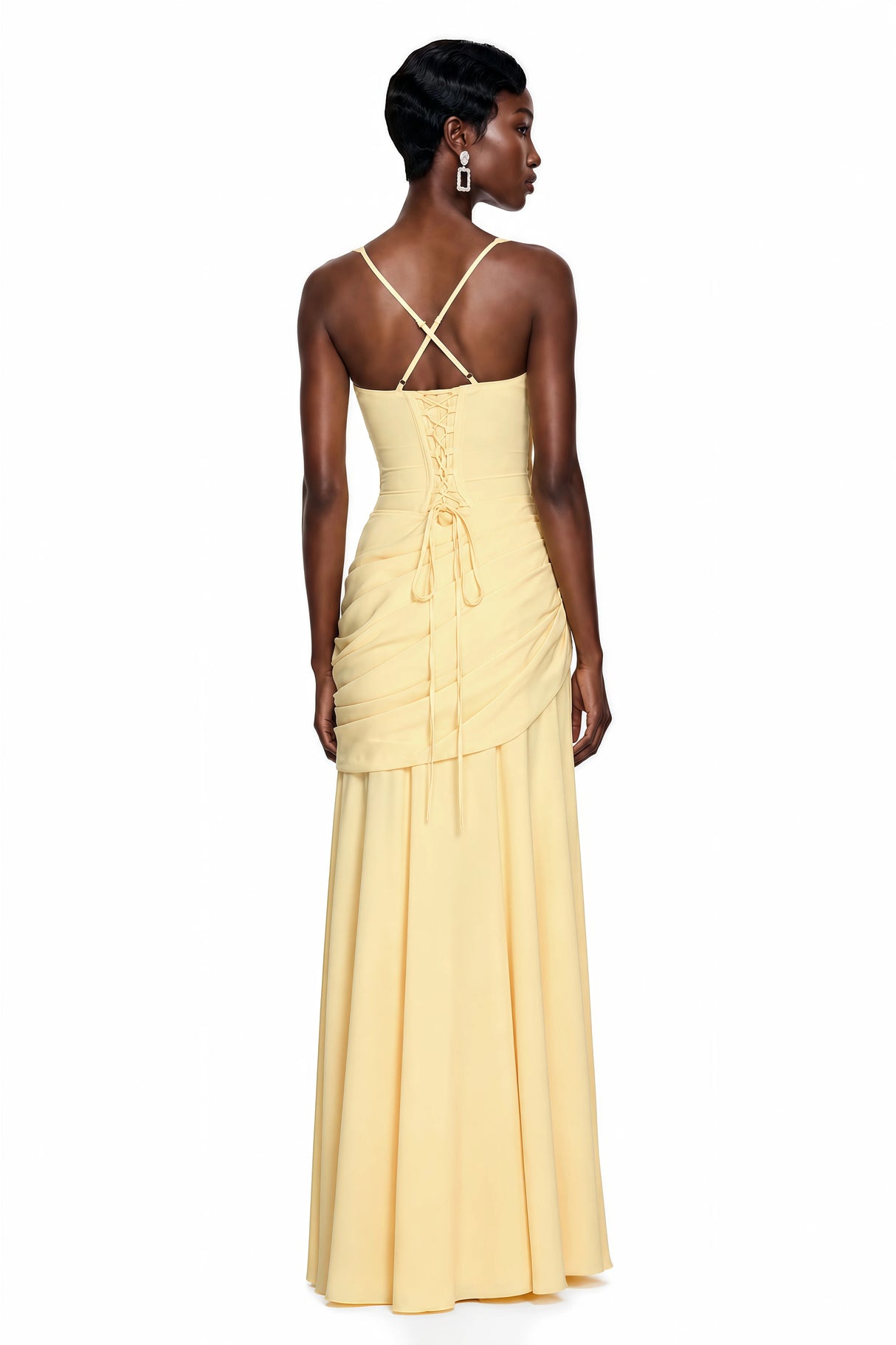 Sanne Yellow Square Neck Ruched Maxi Dress