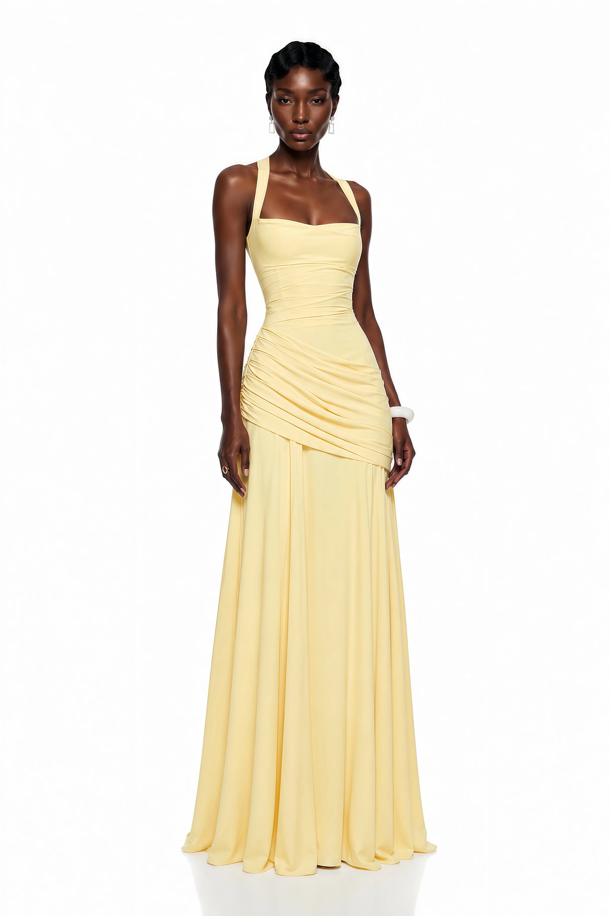 Sanne Yellow Square Neck Ruched Maxi Dress