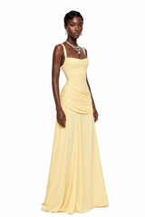 Sanne Yellow Square Neck Ruched Maxi Dress