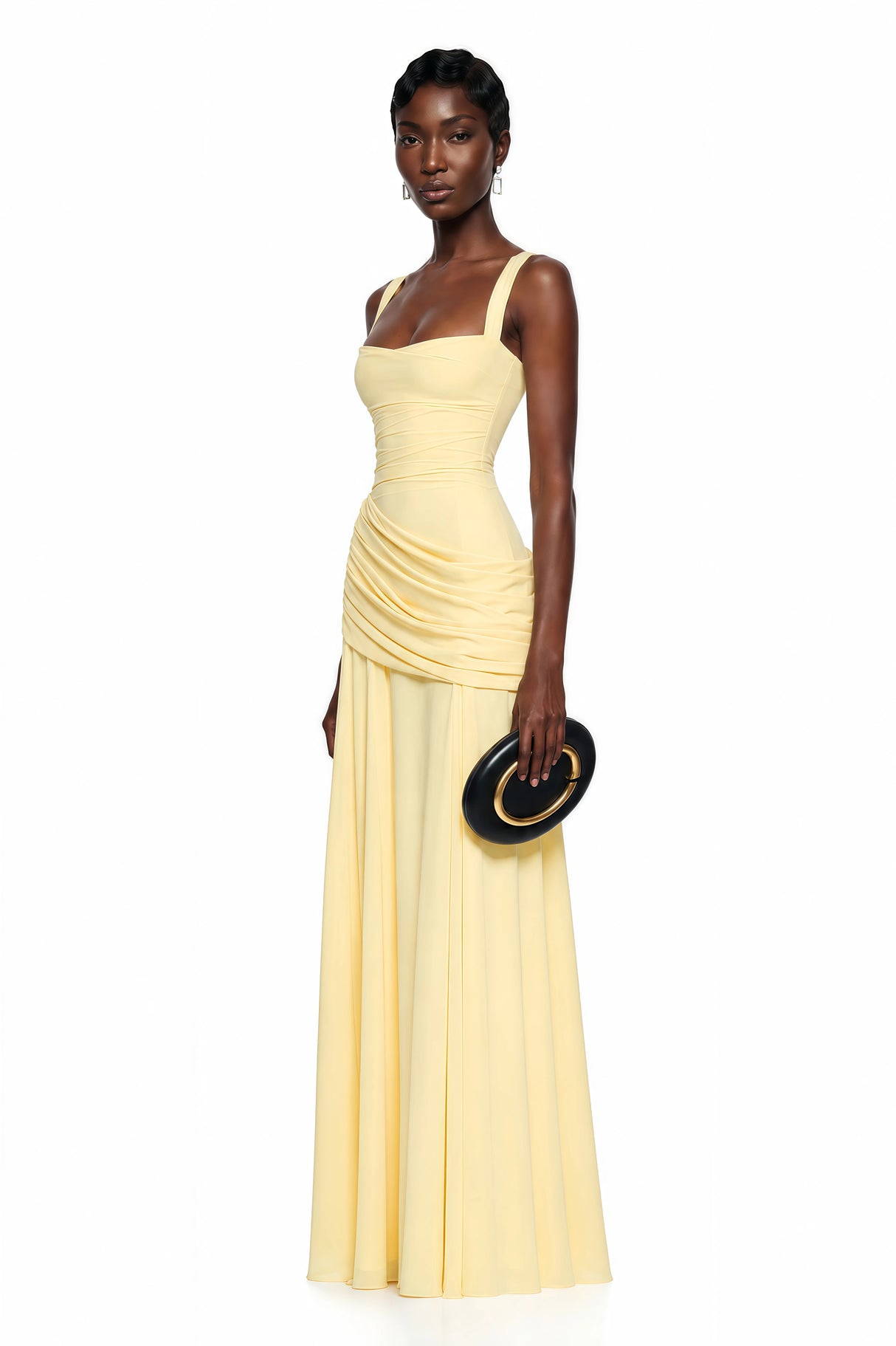 Sanne Yellow Square Neck Ruched Maxi Dress