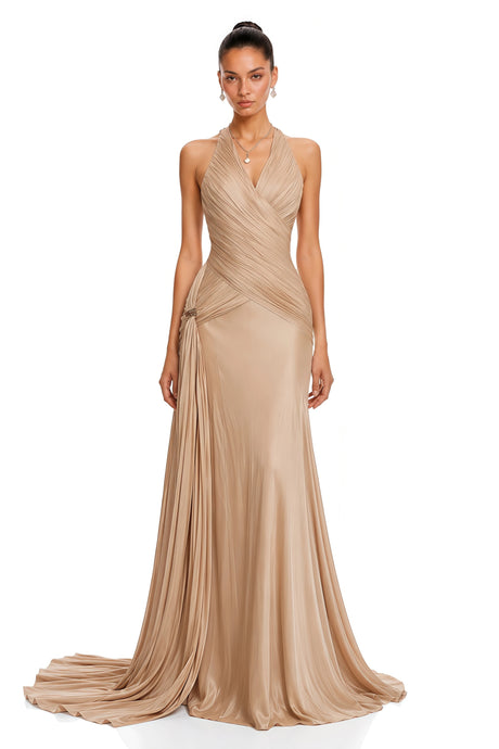 Adelina Maxi Dress Bronze Halterneck Satin with Ribbon