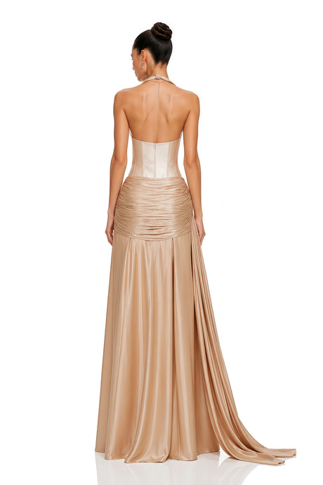 Adelina Maxi Dress Bronze Halterneck Satin with Ribbon