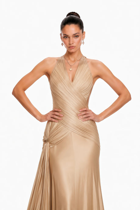 Adelina Maxi Dress Bronze Halterneck Satin with Ribbon