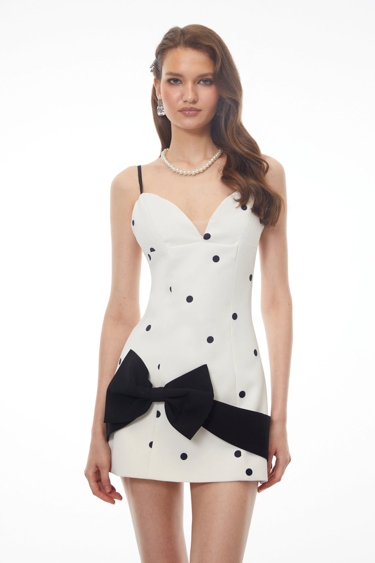 Sappho White Polka Dot Mini Dress with Bow Detail