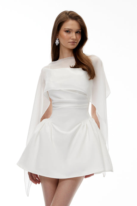 Harper Mini Dress White Cinched Waist with Cape
