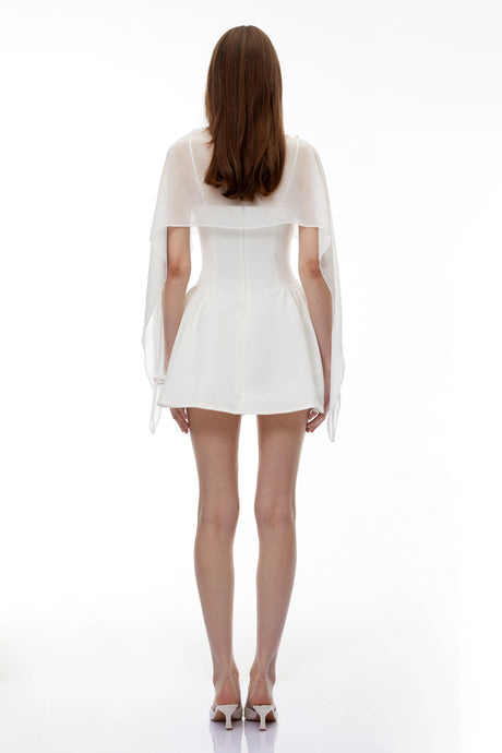 Harper Mini Dress White Cinched Waist with Cape