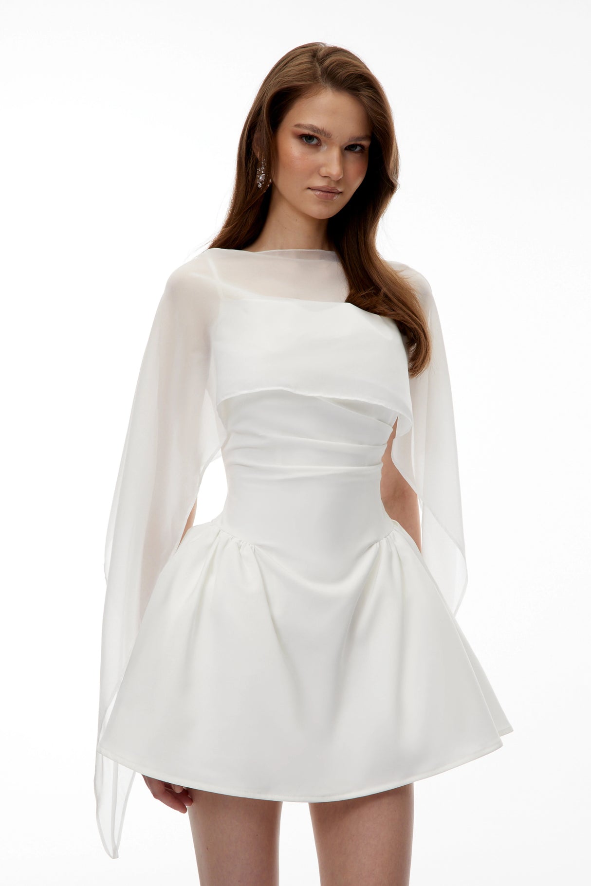 Sarah White Cinched Waist Mini Dress with Cape