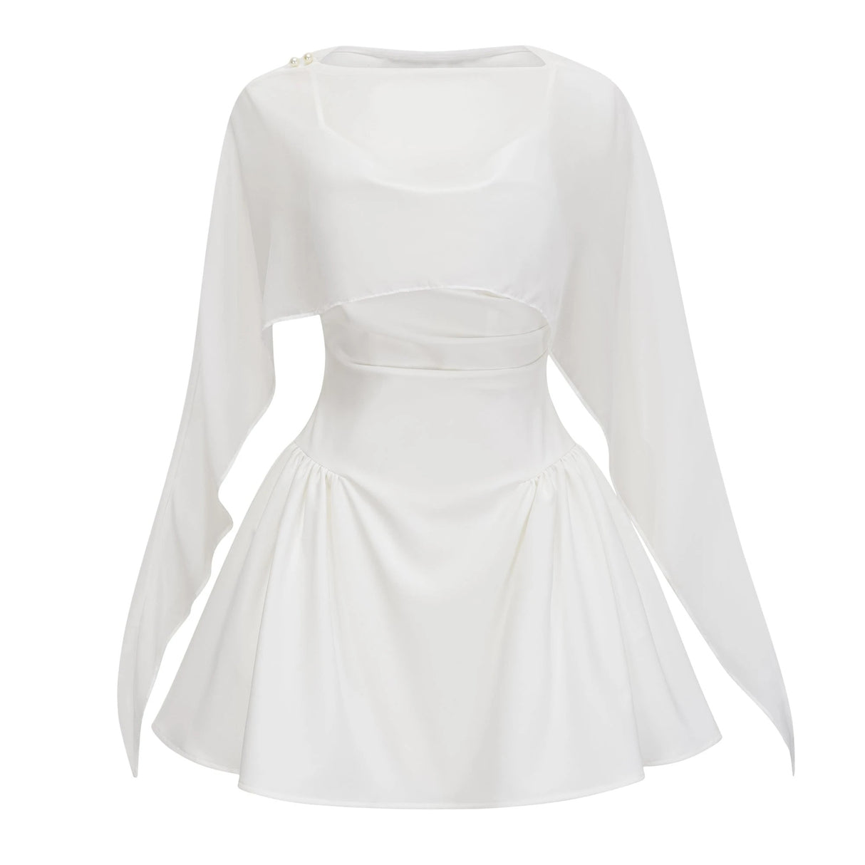 Sarah White Cinched Waist Mini Dress with Cape
