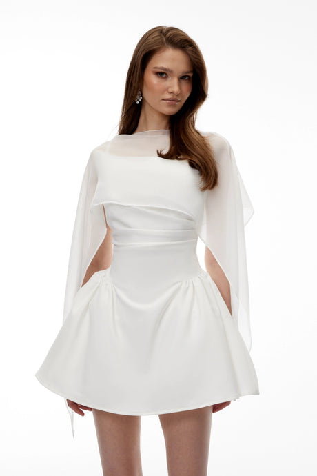 Harper Mini Dress White Cinched Waist with Cape