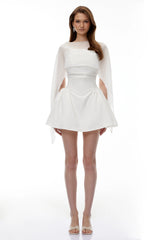 Sarah White Cinched Waist Mini Dress with Cape