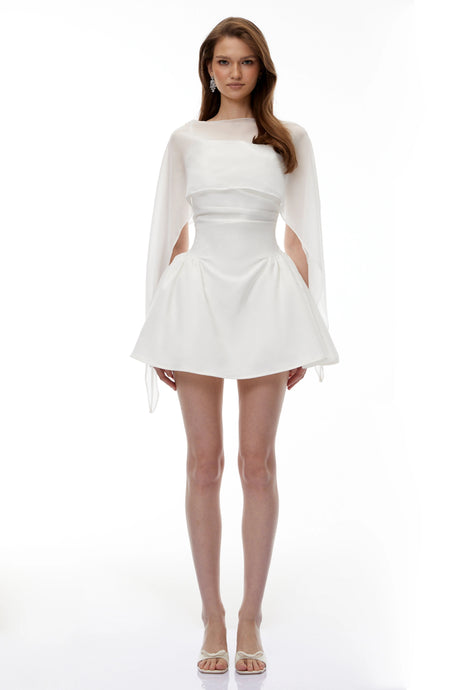 Harper Mini Dress White Cinched Waist with Cape