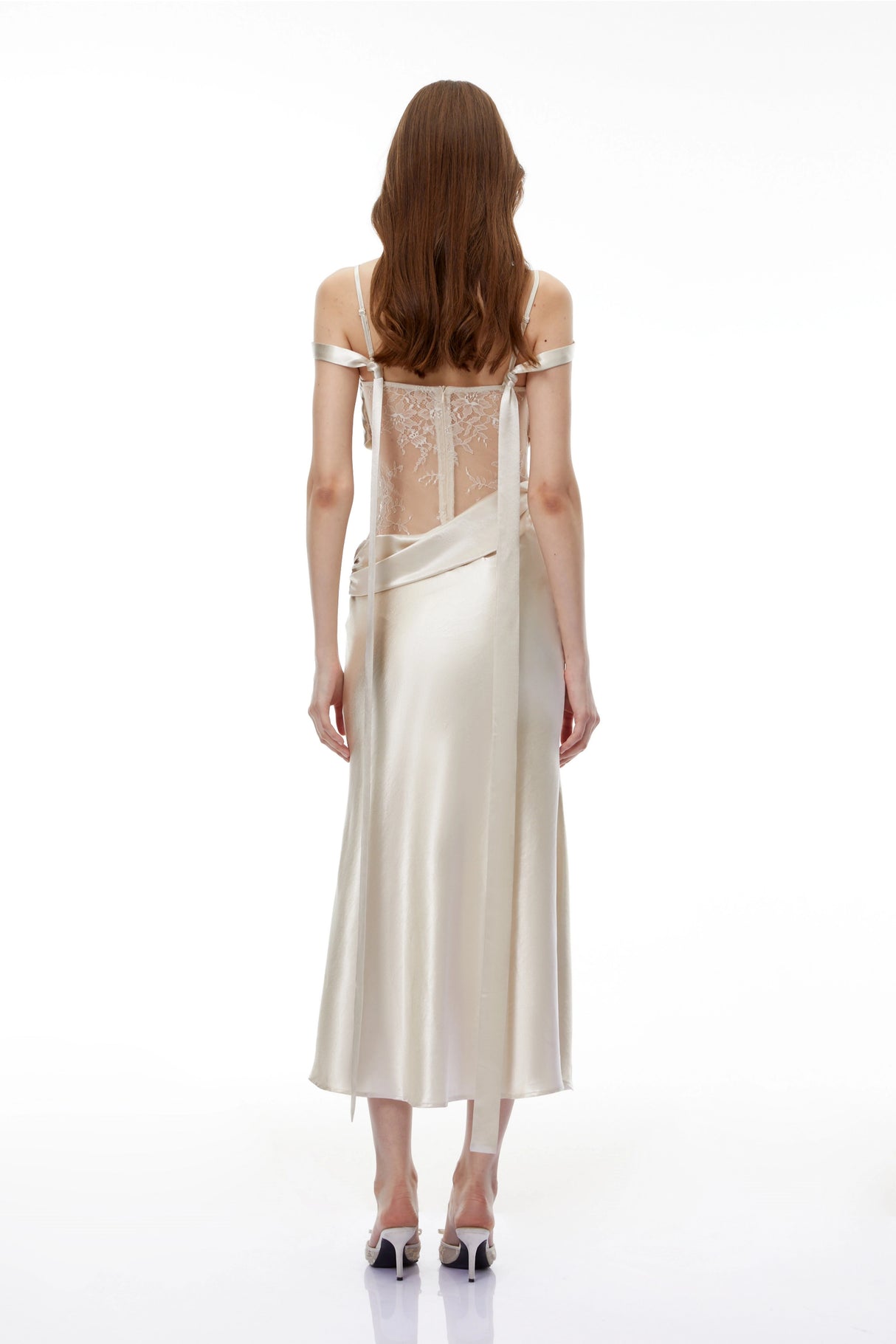 Sarah White Satin Midi Dress with Lace CutOuts