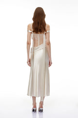 Sarah White Satin Midi Dress with Lace CutOuts