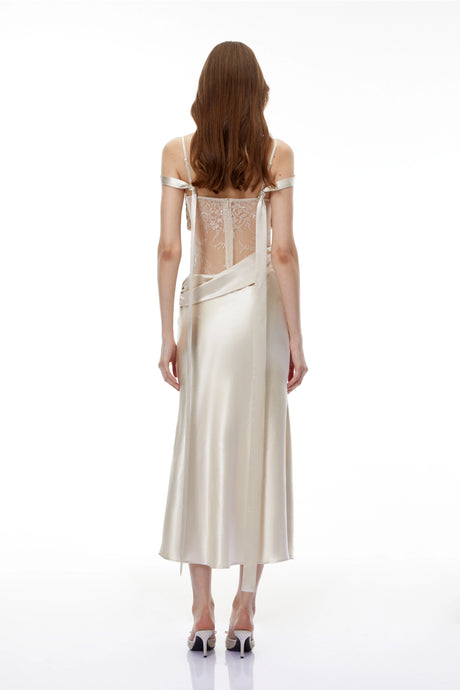 Edvige Midi Dress White Satin with Lace Cut-Outs