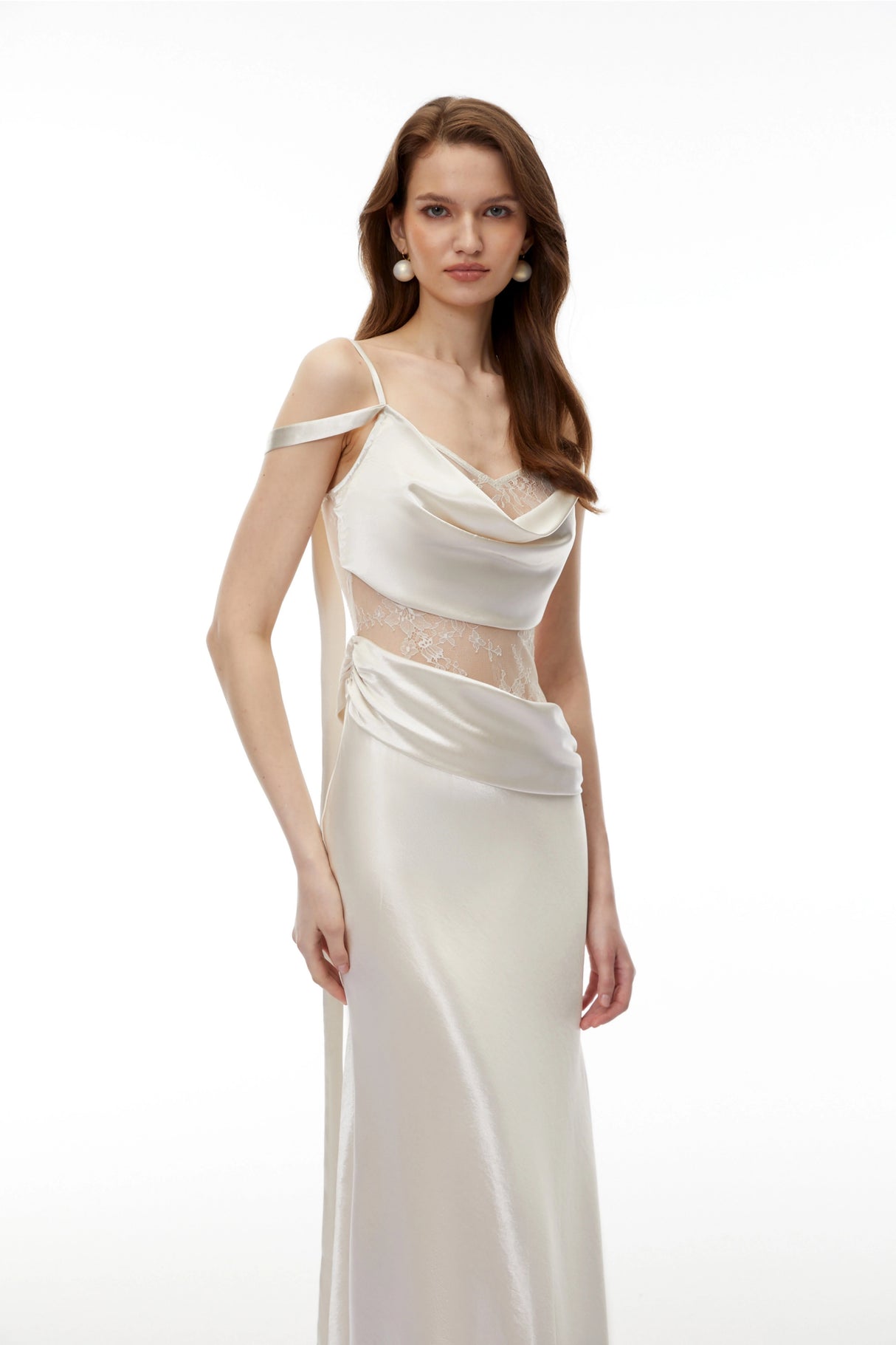 Sarah White Satin Midi Dress with Lace CutOuts