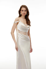 Sarah White Satin Midi Dress with Lace CutOuts