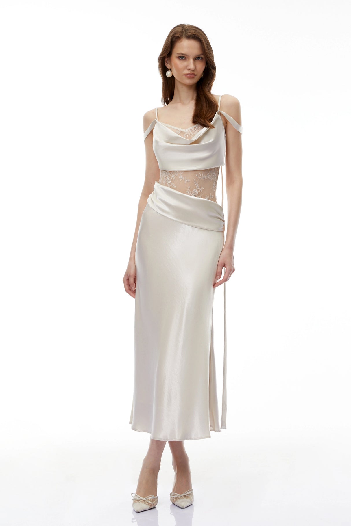 Sarah White Satin Midi Dress with Lace CutOuts