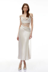Sarah White Satin Midi Dress with Lace CutOuts