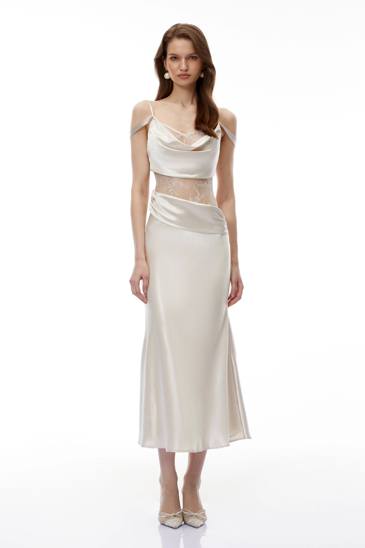 Sarah White Satin Midi Dress with Lace CutOuts
