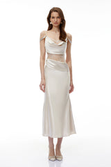 Sarah White Satin Midi Dress with Lace CutOuts