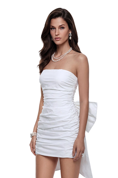 Palma Mini Dress White Ruched with Bow