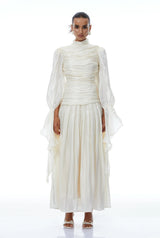 Sarolta Neutral Glossy Ruched Maxi Dress