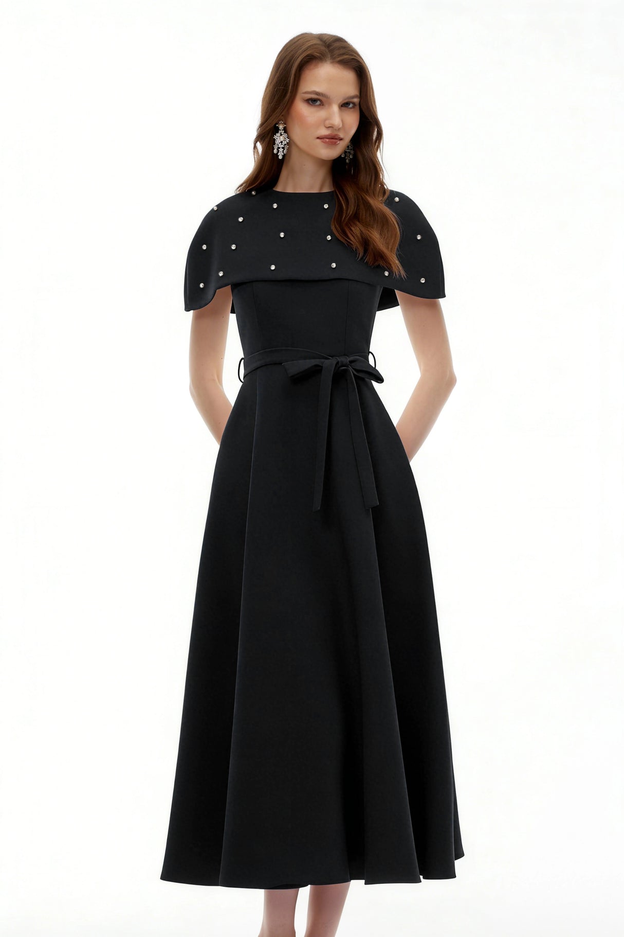 Sawda Black Embellished Midi Dress with Cape