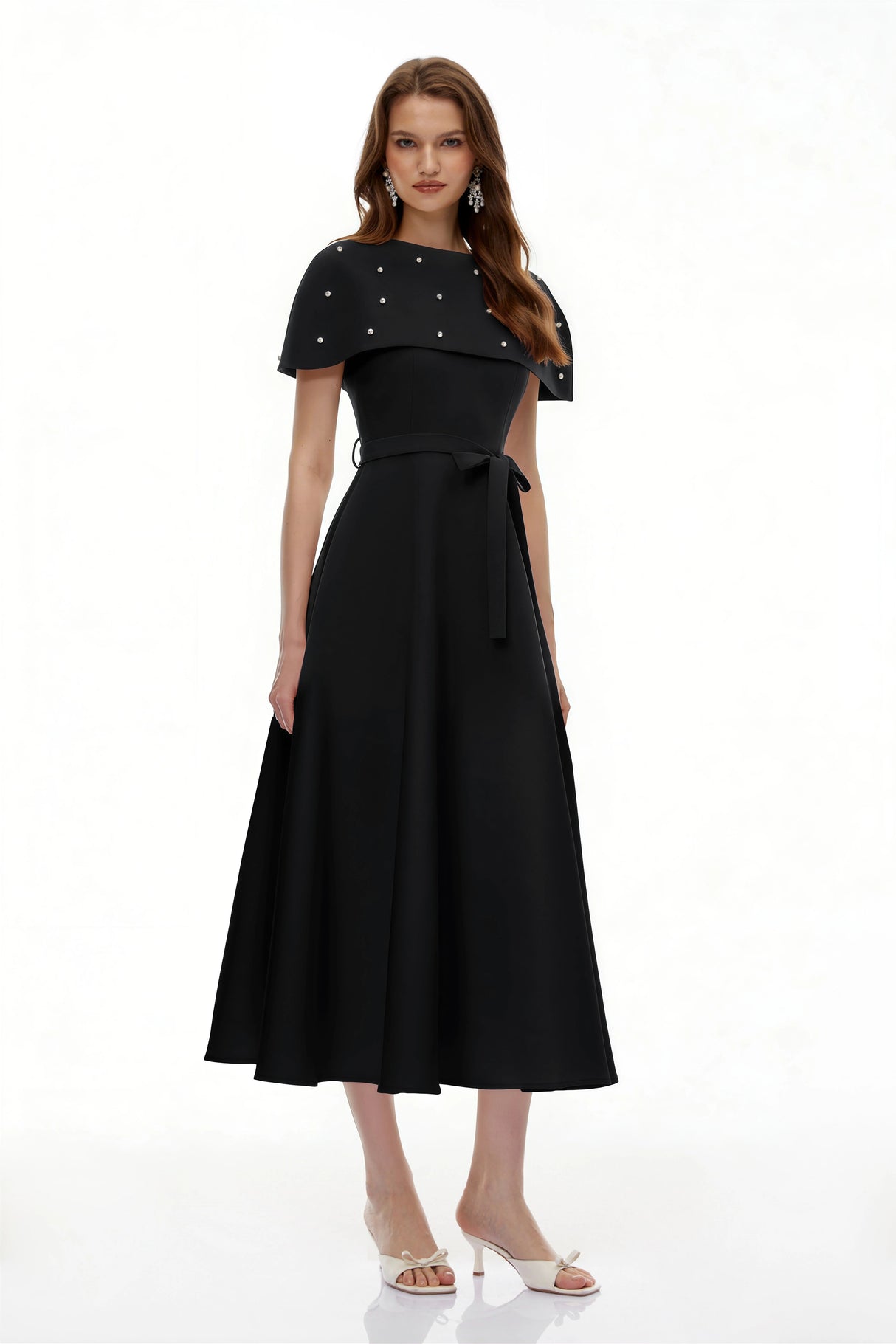 Sawda Black Embellished Midi Dress with Cape
