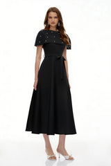 Sawda Black Embellished Midi Dress with Cape