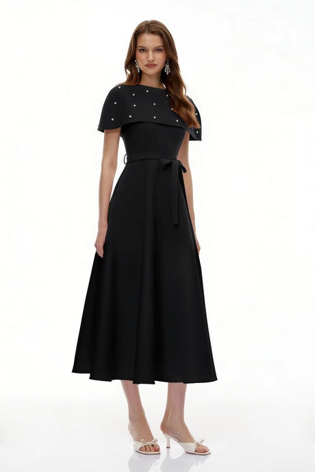 Rylee Midi Dress Black Embellished with Cape