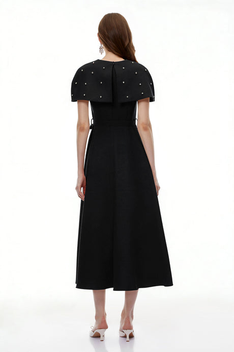 Rylee Midi Dress Black Embellished with Cape