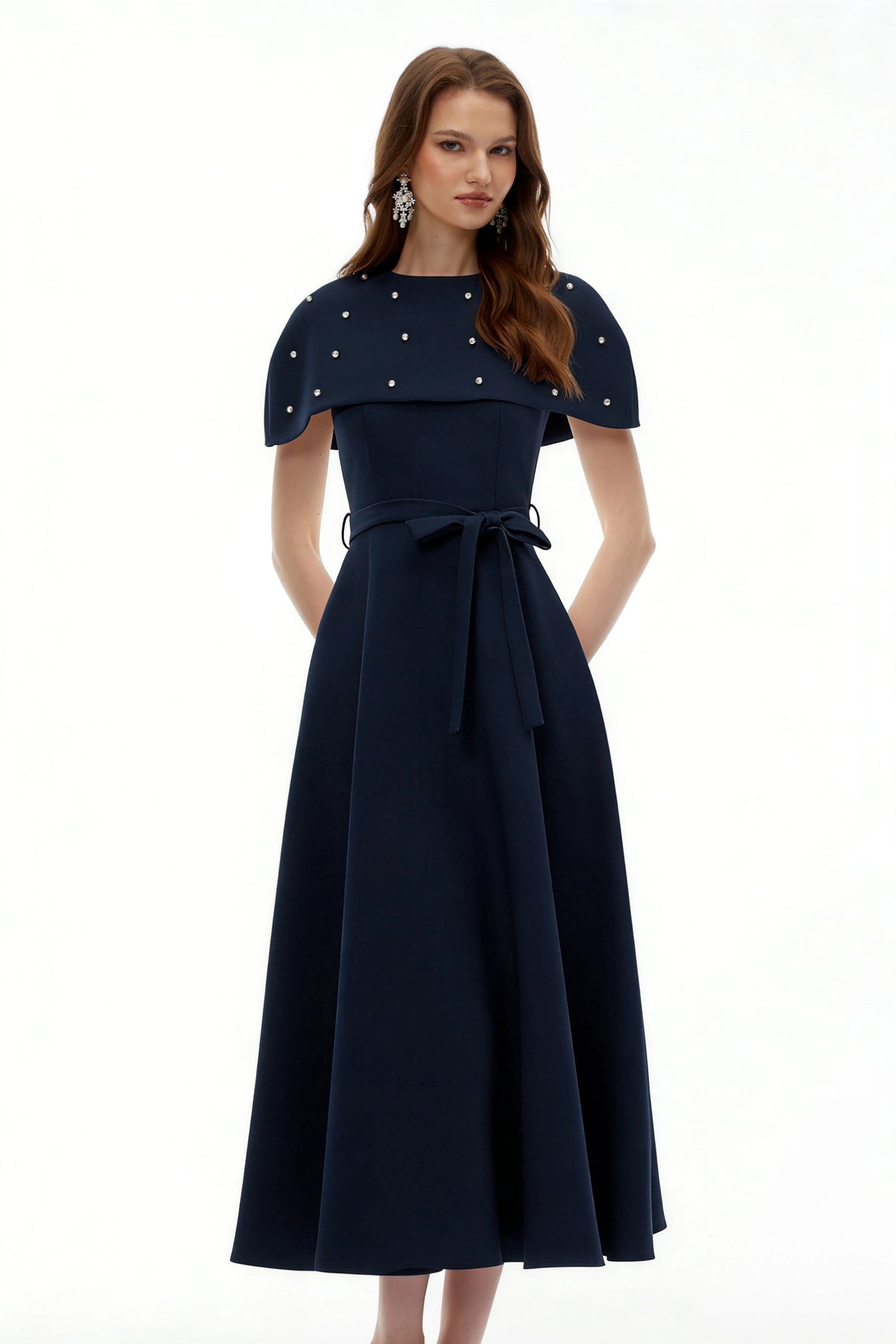 Sawda Blue Embellished Midi Dress with Cape