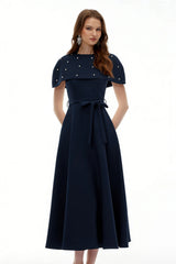 Sawda Blue Embellished Midi Dress with Cape