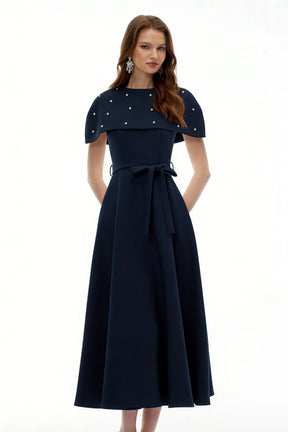 Sawda Blue Embellished Midi Dress with Cape