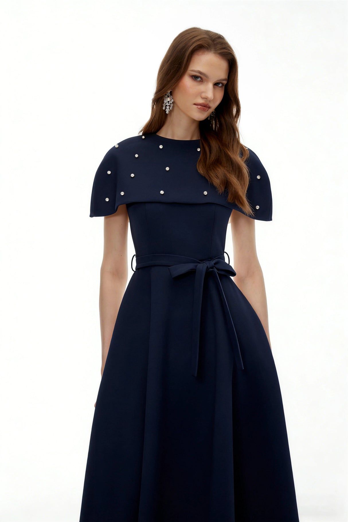 Sawda Blue Embellished Midi Dress with Cape