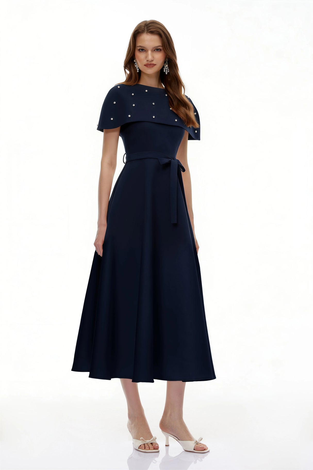 Sawda Blue Embellished Midi Dress with Cape