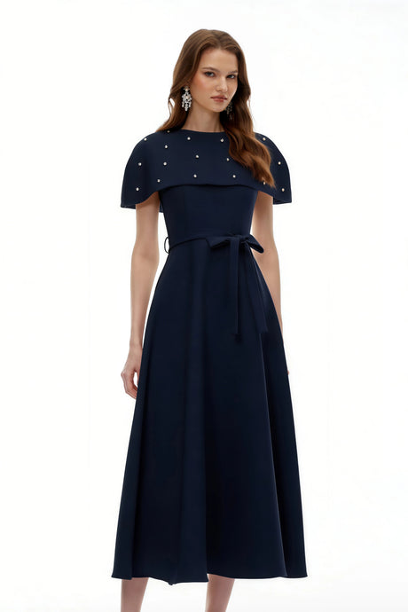 Assuntina Midi Dress Blue Embellished with Cape