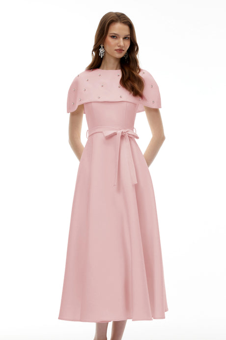 Reagan Midi Dress Pink Embellished with Cape