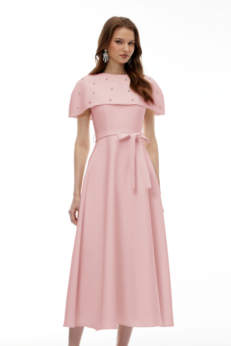 Reagan Midi Dress Pink Embellished with Cape