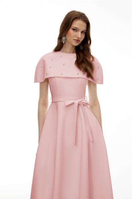 Reagan Midi Dress Pink Embellished with Cape