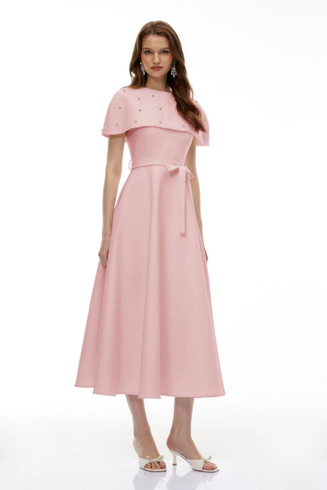 Reagan Midi Dress Pink Embellished with Cape