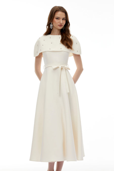 Violet Midi Dress White Embellished with Cape